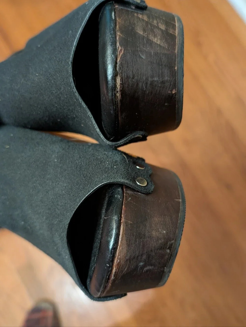 Torrid Black Studded peep toe Platform Wood Wedges back strap